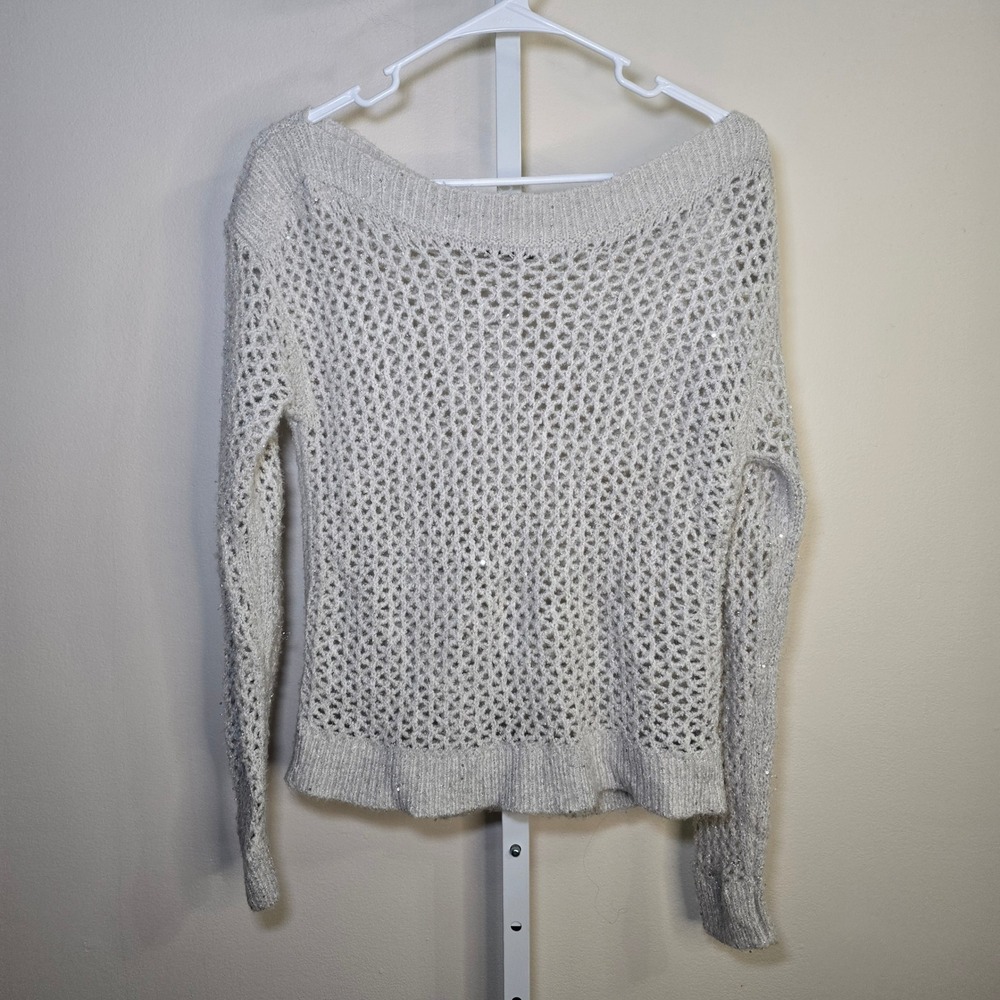White House Black Market‎ Sequin Open Knit Sweater Silver Metallic Mesh XS